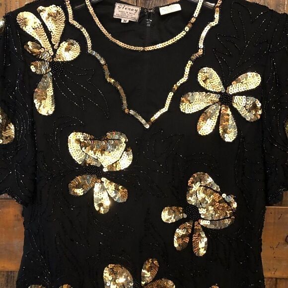 Stenay M VTG ‘90s 100% Silk Black Gold Mesh Floral Beads Sequin Mafia Vibe Top - Picture 3 of 6